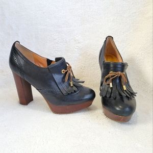 Black Sperry Heels Leather McKenna Platform Oxford Tassel Fringe Loafer Vintage